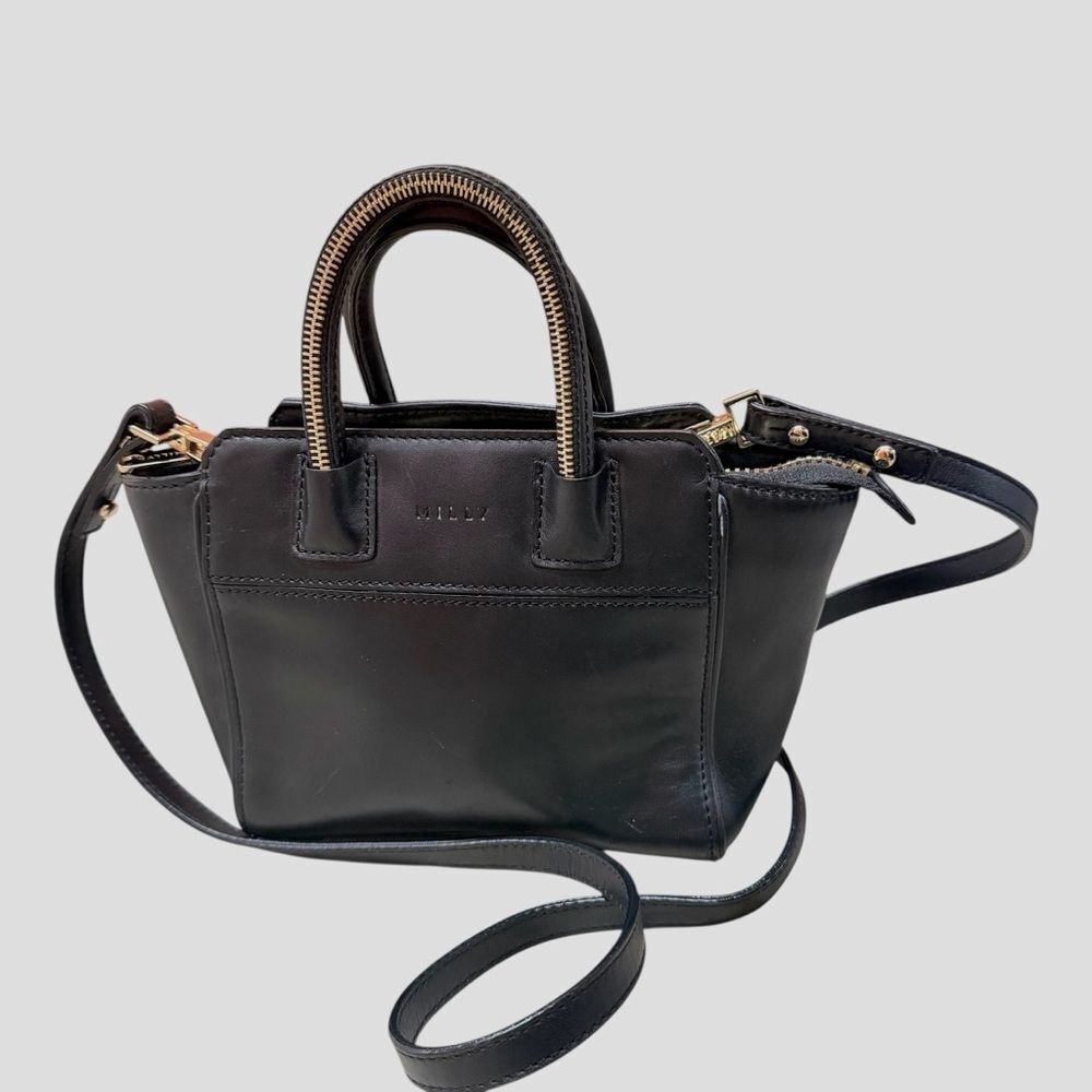 MILLY Black Leather Crossbody Bag With Gold Zipper